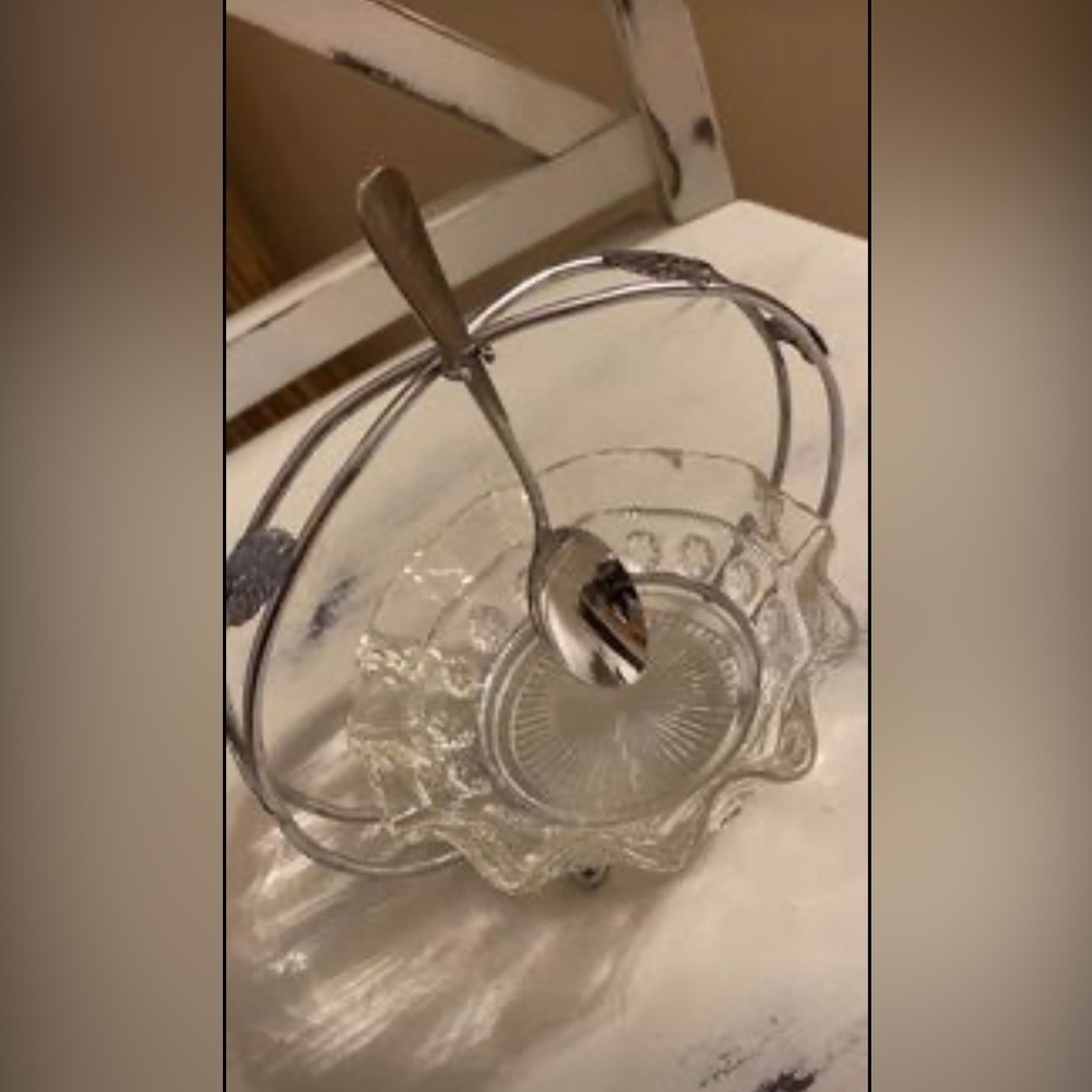Vintage Mid-Century Glass Jam Jelly Caddy Server Set with Spoon